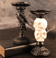 2026 New Halloween Skull Candlestick Holder Resin Raven Gothic Candle Stand Dark Academia Home Decor Tabletop Figurine Ornament