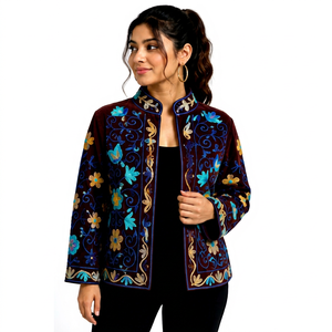 Chaqueta Bomber de Terciopelo Tejido Transpirable para Mujer, Bordado Floral Turquesa, Ecológica, Elegante, Estilo Blazer de Invierno - Product Image 1