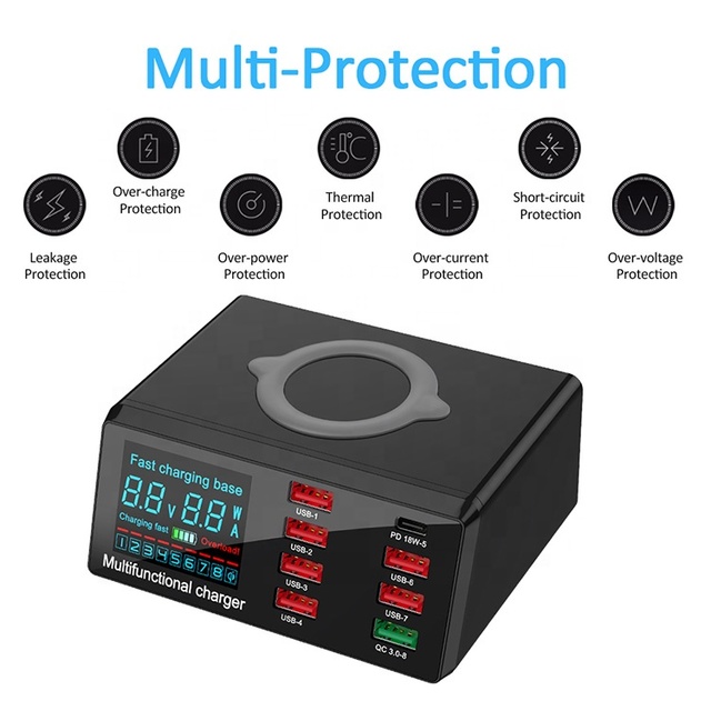 100W 8-Port USB Smart Quick Charge 3.0 Type C LED Display Manufacturer's Multi-Function Electric Mobile Charger