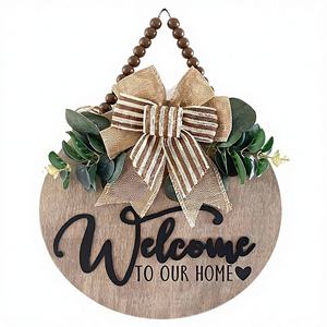 Panneau de bienvenue en bois pour porte d'entrée, décoration de porche, style campagnard, couronne murale ronde - Product Image 1