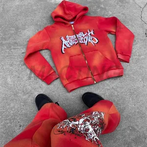 Conjunto de Sudadera con capucha de lavado ácido y cremallera desgastada vintage unisex para hombre de 100% algodón de gran tamaño con forro polar pesado y logotipo personalizado - Product Image 6