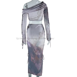 Women's One Shoulder <b>Tie</b> <b>Dye</b> Print Mesh Top & Skirt Side <b>Tie</b> up 2 Piece <b>Set</b> Clothing Women Fashion - Product Image 5