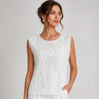 Chemisier élégant pour femme en pur coton blanc à motif cachemire, sans manches, col rond, avec pompons et boutons au dos