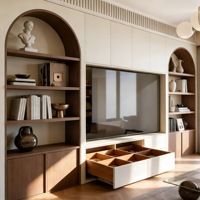 Meuble TV moderne avec LED et étagères ouvertes, console multimédia en bois de noyer pour salon, sur mesure