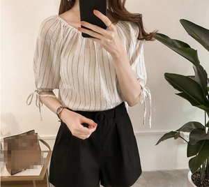 <span class=keywords><strong>Camicetta</strong></span> da donna in chiffon a righe verticali, con <span class=keywords><strong>spalle</strong></span> <span class=keywords><strong>scoperte</strong></span>, scollo rotondo, due modi di indossare, maniche a sbuffo con laccetti, per il lavoro, tutti i giorni, casual, appuntamenti - Product Image 3