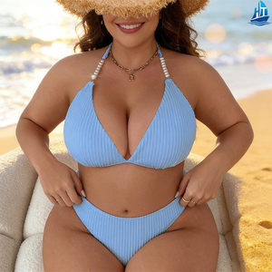 Ensemble bikini <span class=keywords><strong>2</strong></span> pièces grande taille pour femme, soutien-gorge triangle col en V, bas taille haute, perles, tissu côtelé, maillot de bain - Product Image 6