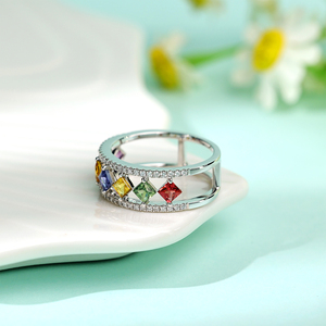 Anillo de Compromiso Promocional de Oro Blanco Sólido de 18K con Zafiro Colorido Corte Princesa, Diseño Geométrico, Chapado en Rodio, Joyería Fina - Product Image 4