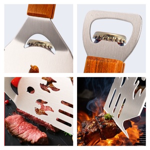 Juego de 5 utensilios de barbacoa de acero inoxidable con mango de madera: espadas para carne, tenedores y espátulas para asar. - Product Image 5