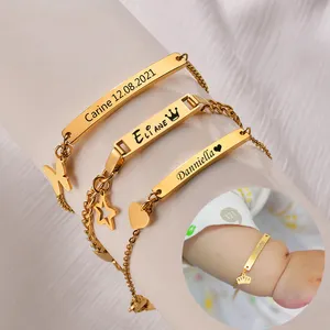 Rantai Kotak Bundar Gelang Anak Nama Anak Nama Anak Hati Charm Crown Charm Balita Bracelet Personalized Baby Bracelet