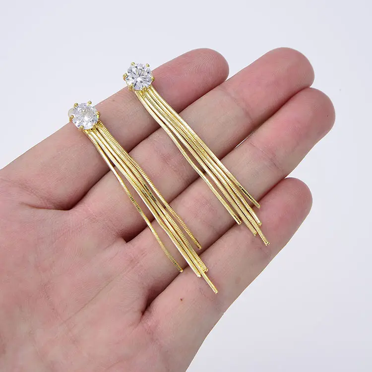 EM1114 High Quality Bohemia 18k cz paved tassel earring 14k Gold Plated Brass Chain Fringe Tassel Earrings