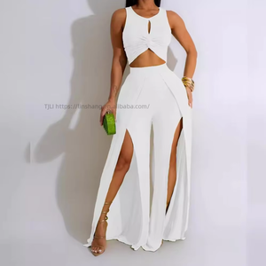 Conjunto de 2 Piezas para Mujer, Chaleco Casual sin Mangas y Pantalones Anchos con Abertura Lateral, a la Moda - Product Image 4