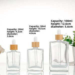 Bouteilles vides d'huile essentielle OEM contenant pour produits de soin de la peau <span class=keywords><strong>flacon</strong></span> compte-gouttes carré en verre transparent avec couvercle en bambou et pipette en caoutchouc - Product Image 5