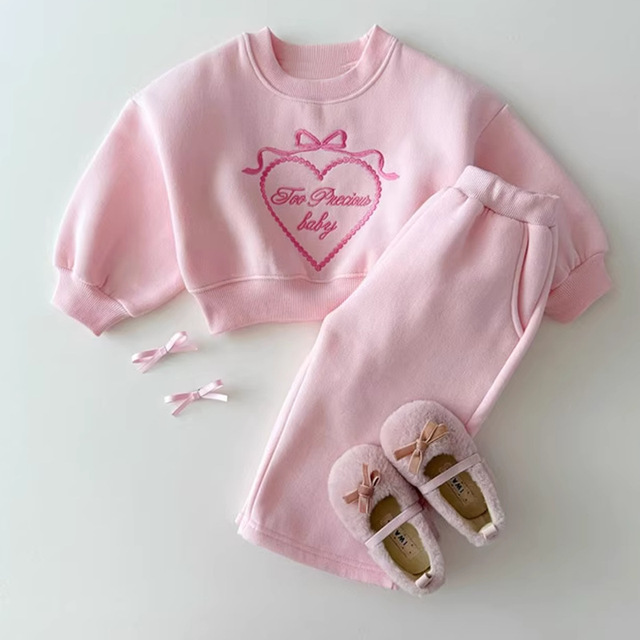 2025 Spring and Autumn New Children's Ins Set Boys and Girls Round Neck Baby Fashion Canvas Love Embroidered Hoodie Two-Piece