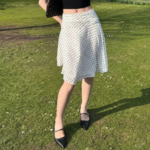 Jupe midi taille basse en maille à pois avec patchwork, coupe trapèze irrégulière, semi-transparente, ajustée pour femme, idéale au quotidien - Product Image 4