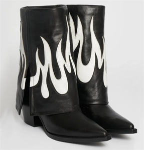 IDOIT Cowgirl Fold Over Shaft Wedge Wide Becerro Western Bootie Flame Punta estrecha Negro Blanco Botas de cuero Zapatos de mujer - Product Image 3