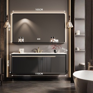 French retro luxury stone slab hot bending integrated basin intelligent mirror wall hanging bathroom cabinet - Product Image 4