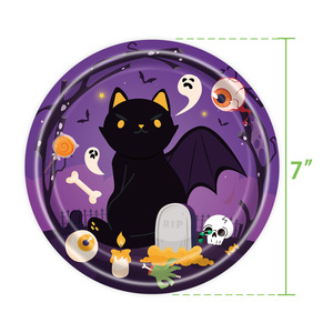 Ensemble de fête sur le thème du chat noir d'Halloween, assiettes en papier, gobelets, nappe, serviettes, décorations jetables sur le thème des dessins animés - Product Image 4