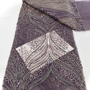 Stripes Pattern Three-Dimensional Embroidery <strong>Stretch</strong> Knitted Lace Fabric Bead <strong>Sequin</strong> Wedding Dress <strong>Material</strong> - Product Image 4