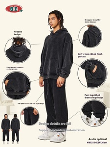 Conjunto de dos piezas para hombre marca Tide, otoño 2026, de tela pesada de 420G, 100% algodón, con pantalones de pierna ancha lavados y conjunto con capucha, color liso. - Product Image 3