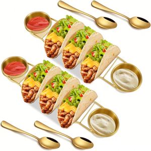 Support de tacos en acier inoxydable doré avec cuillères et coupelles à sauce, plateau de service en métal pour tacos, idéal pour la cuisine mexicaine (vente en gros) - Product Image 1