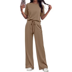 Women's 2 Piece Set <b>Summer</b> Casual Sweatsuit Wide Leg <b>Pants</b> Matching Lounge Outfit Breathable O-Neck Short Sleeve Knitted Set - Product Image 1