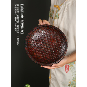 Handmade <b>Bamboo</b> Woven Fruit Plate Round Dessert Tray Food <b>Container</b> Living Room Use Single Tier - Product Image 4