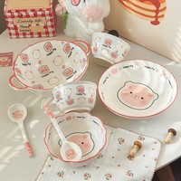 Ensemble de bols et assiettes en céramique à motif de cochon mignon, passe au micro-ondes, finition sous glaçure, vaisselle domestique