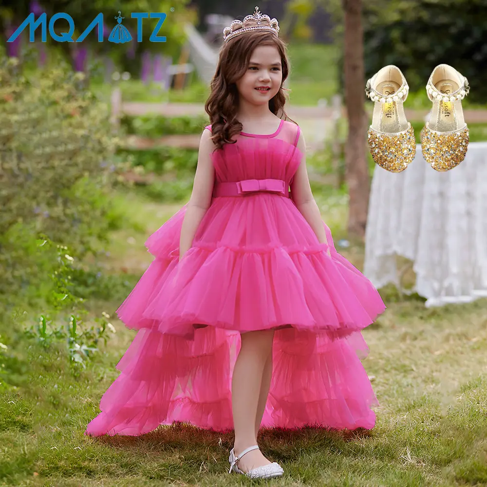MQATZ gaun putri anak perempuan, payet pita besar gaya Eropa, gaun malam ekor panjang