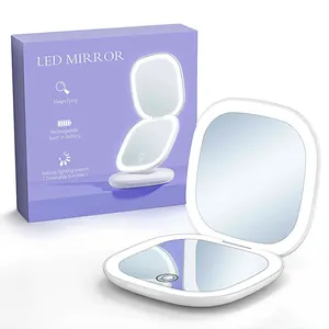 small mini portable magnification compact square fold led lighted travel makeup mirror