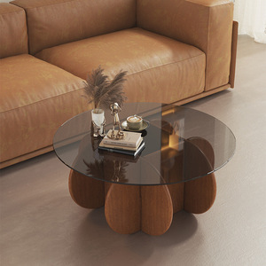 Tavolino da Caffè Rotondo in <span class=keywords><strong>Vetro</strong></span> di Alta Qualità con Struttura in Legno per Soggiorno - Product Image 5