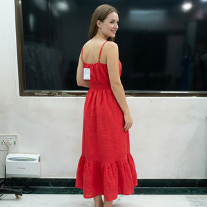 Red Spaghetti Strap Maxi <b>Dress</b> Flared Hem <b>Elastic</b> Waist Casual Summer Woven Cotton A-Line Tailored Fit Solid Color Eco-Friendly - Product Image 2
