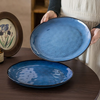 Assiette en céramique bleue grand format effet four, élégante assiette de dîner occidentale, vaisselle esthétique pour la maison
