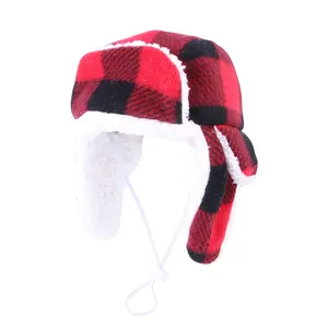 冬季保暖圣诞狗帽带耳罩可调宠物红色格子宠物帽圣诞狗头饰头饰