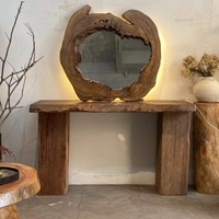 Wabi Sabi Rustic Style Live Edge Solid Wood LED Mirror Natural Slab Entryway Furniture with Ambient Light Console Table