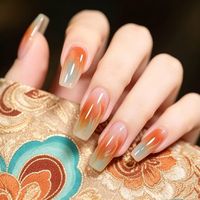 Uñas Postizas Color Naranja Atardecer Degradado a Azul, Forma Ataúd, Medianas y Largas, Removibles, para Uso Diario