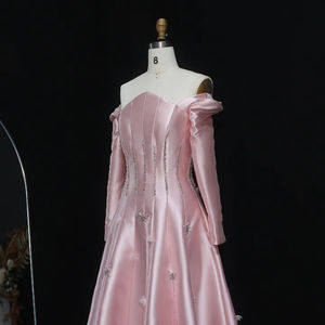 Robe de <span class=keywords><strong>soir</strong></span>ée en satin rose Jancember LSZ014, robe de <span class=keywords><strong>soir</strong></span>ée formelle à épaules dénudées, manches longues, robe de bal - Product Image 5