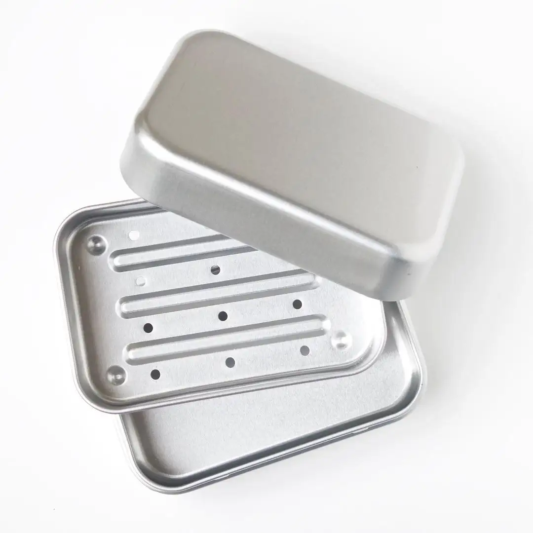 Custom Reliëf Rechthoek Aluminium Zeep Travel Tin Case Scheerzeep Bar Tin Met Drainer