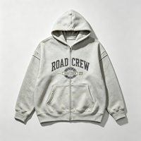 Sweat à capuche zippé en coton épais gris, style universitaire vintage, veste de travail décontractée, vente en gros