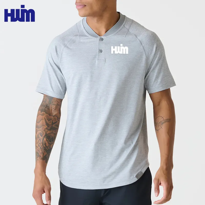 Erkek spor spor koşu streç T Shirt o-boyun düğmesi tasarım spor T Shirt özel Logo ince spor T Shirt erkekler için