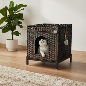 Casa para Gatos de Ratán Tejida a Mano, 18.5x20.4x23.2 Pulgadas, con Patas de Metal, Recinto para Sala de Estar, Mueble para Caja de Arena para Gatos - Product Image 2