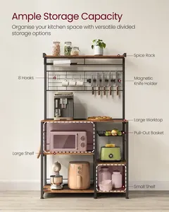 Vente en gros de support pour boulangers de cuisine industrielle support brun pour micro-ondes étagère de cuisine avec bande magnétique et 12 crochets étagère sur pied - Product Image 2