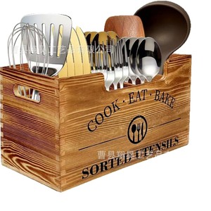 Wooden Cutlery Storage Box Solid Wood Rectangle With Compartments For <b>Kitchen</b> Utensil Organization - Product Image 1