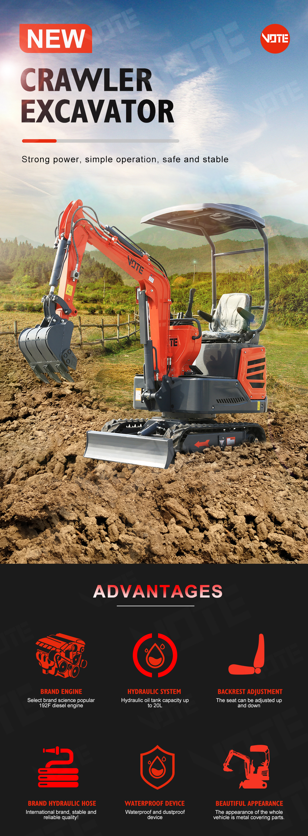 Rated Power 1.2 Ton Excavator Small Bare Weight Mini Excavator 1 Ton Working Good Traction China Produced