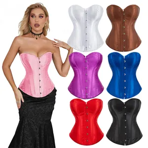 Satin Đen Trắng Overbust Corset 14 Nhựa Boned Sexy Phụ Nữ Eo Bustier Top Cho Câu Lạc Bộ Bên Mặc