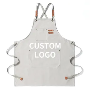 Toile avec logo personnalisé Tabliers de chef en coton unisexe pour serveur Uniforme de cuisine Tabliers de bar Travail long commercial Tabliers de café et de restaurant