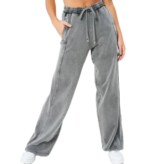 Pantaloni da donna con lavaggio acido grigio taglie forti tinti personalizzati di alta qualità pantaloni all'ingrosso per le donne
