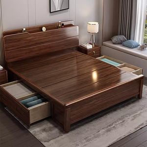 Solid Wood Storage <b>Bed</b> 1.8M Walnut Modern Minimalist Bedroom Furniture for Home Use - Product Image 3