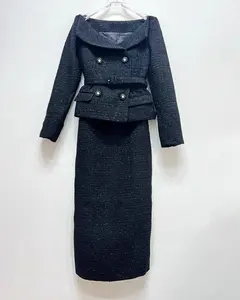 Top Quality Novo 2023 Vestido de Inverno Alta Qualidade Mistura De Lã Mulheres Botão Cinto Deco Manga Longa Midi Bodycon Bainha Vestido De Lã