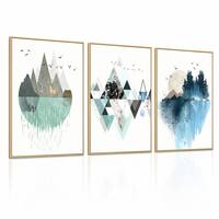 Ensemble de 3 tableaux muraux géométriques montagneux encadrés or, paysage abstrait en marbre, cerf, oiseau, aquarelle, décoration moderne de luxe