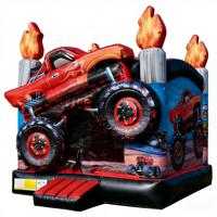 Château gonflable sur le thème des Monster Truck, flammes 3D, rouge/noir, en PVC de qualité commerciale, pour les fêtes d'anniversaire des enfants